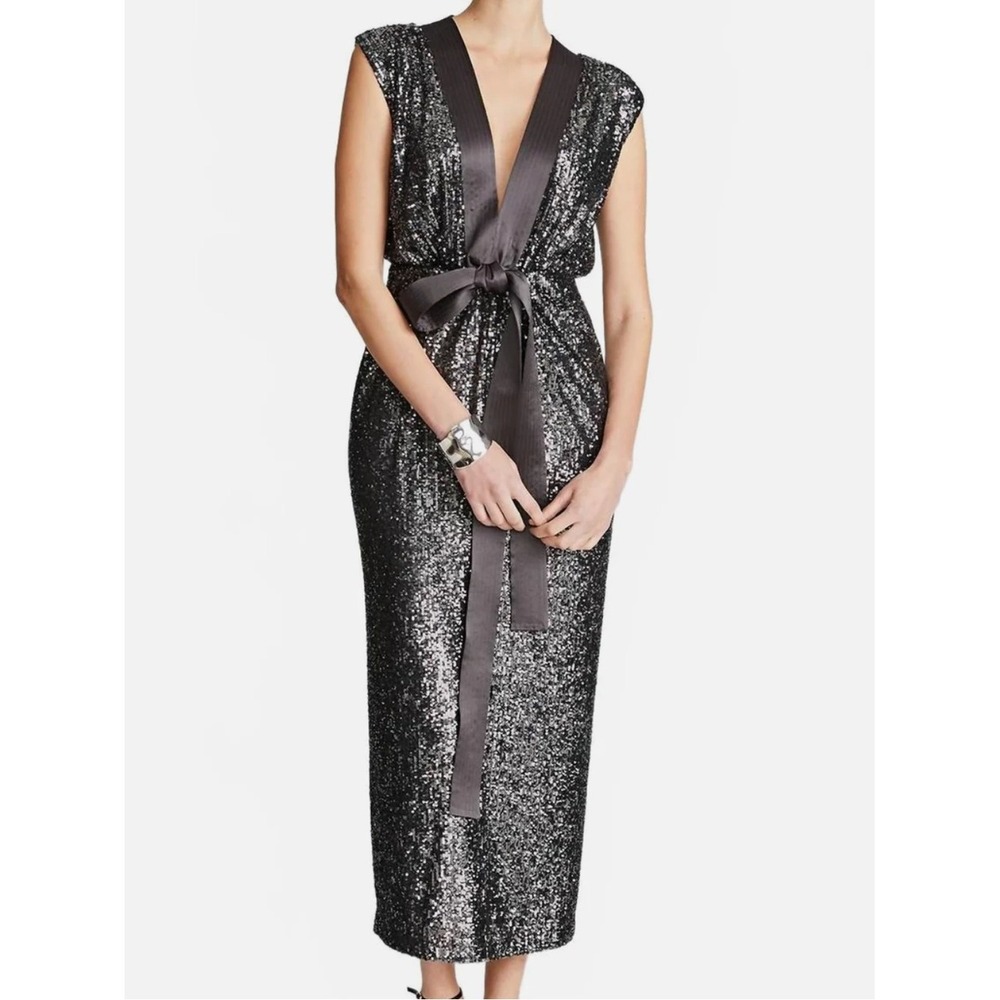 Halston Ranae Sequin Deep V Neck Midi Dress Ash Silver Size 4 NWT $475